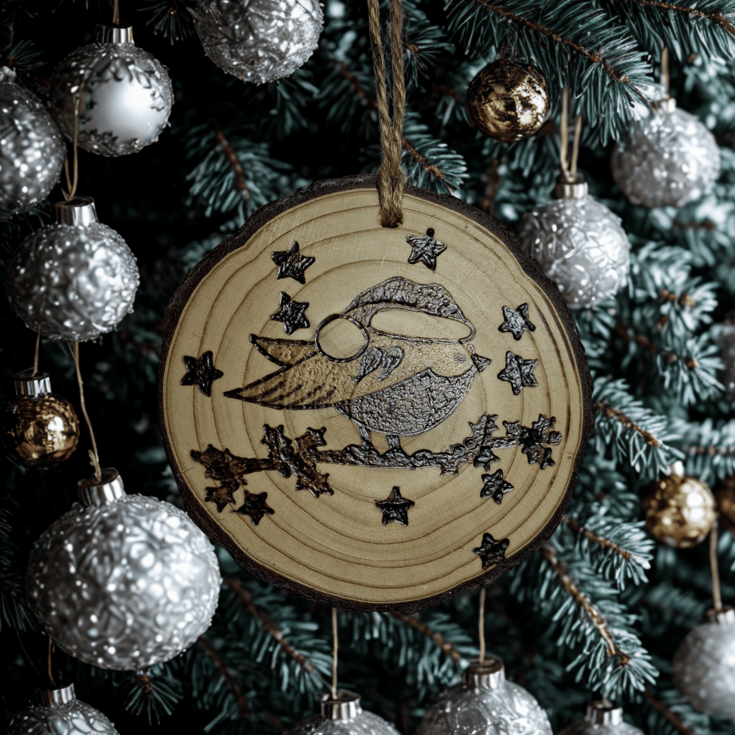 
A Christmas ornament, made from a wooden log slice with a jute rope for hanging, is shown on a black background. The front of the ornament is decorated with a pyrography design of a sleeping bird wearing a Christmas hat and surrounded by stars.