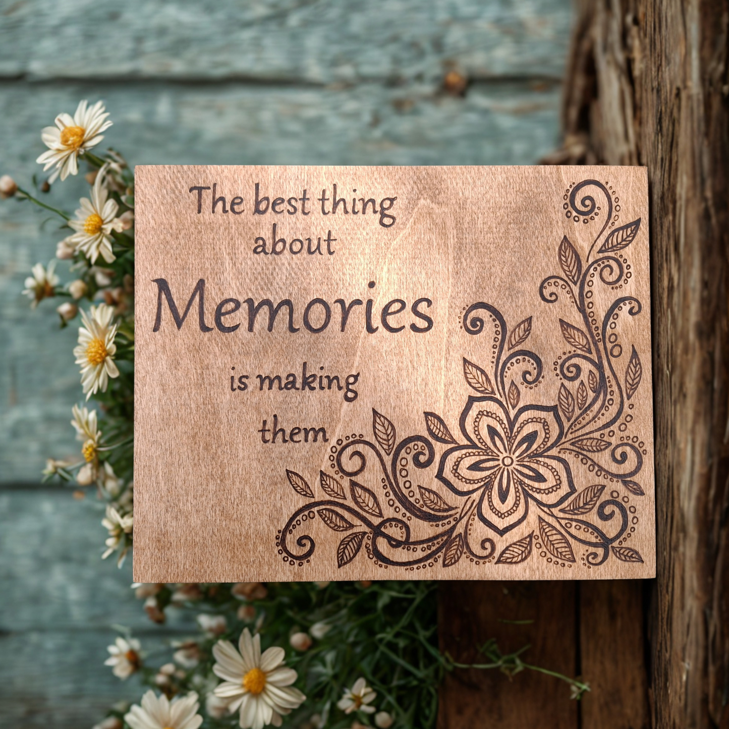 Wooden box with hand burnt floral design and "The Best thing about Memories is making them"