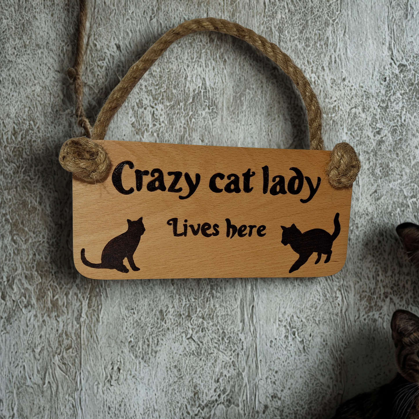 A rectangular wooden sign with a rope handle at the top. The sign has pyrography text and images. The text at the top reads "Crazy cat lady" in a decorative font. Below that, in a smaller, simpler font, it reads "Lives here". On either side of the smaller text, there are two black cat silhouettes facing inwards towards the text.