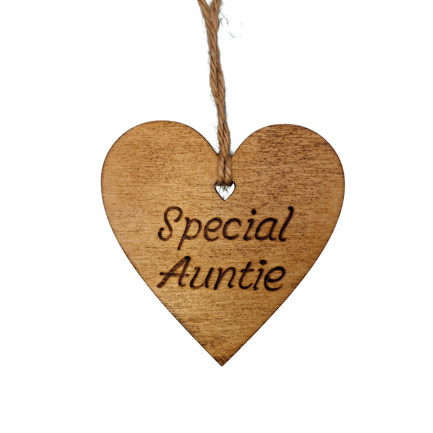 A small, possibly 8cm by 8cm, light-colored wooden heart, decorated with "Special Auntie" hand-burned into its surface using pyrography. A short length of natural jute rope is tied through the top for hanging.