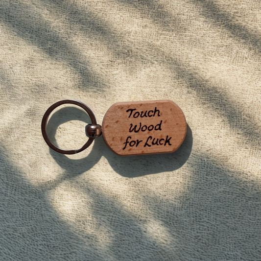 Oval beechwood keyring with 'Touch Wood for Luck' pyrography text and chrome split ring