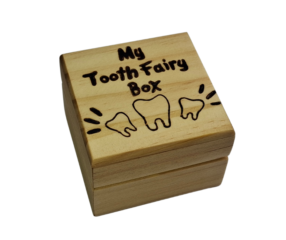 Decorative small wood box with "My Tooth Fairy Box" hand-burnt onto the lid alongside a picture of three teeth