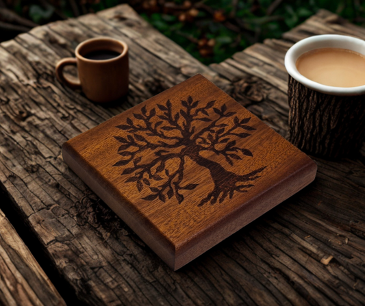 Sapele coaster with chamfered edges with a tree showing its roots burnt in