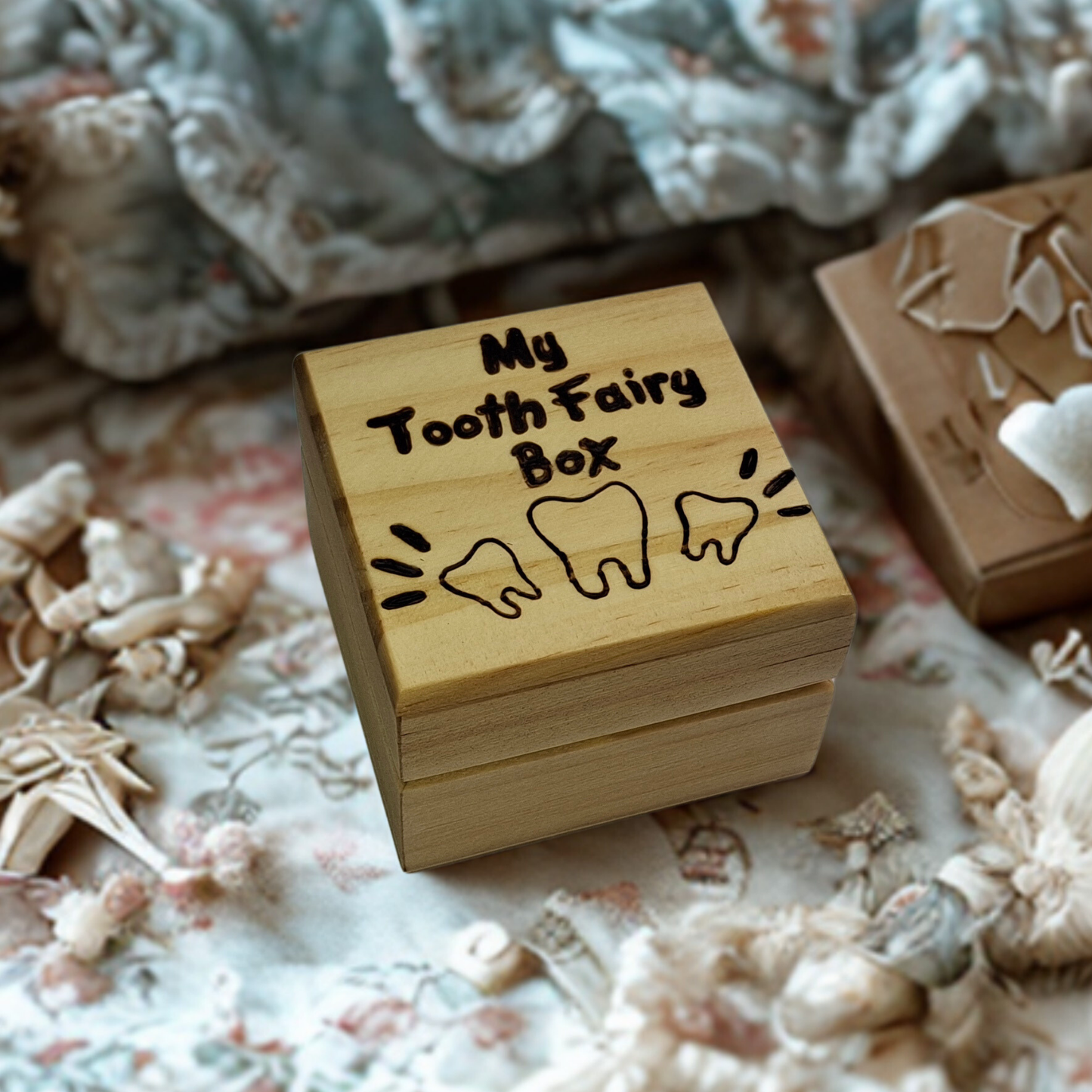 Decorative small wood box with "My Tooth Fairy Box" hand-burnt onto the lid alongside a picture of three teeth