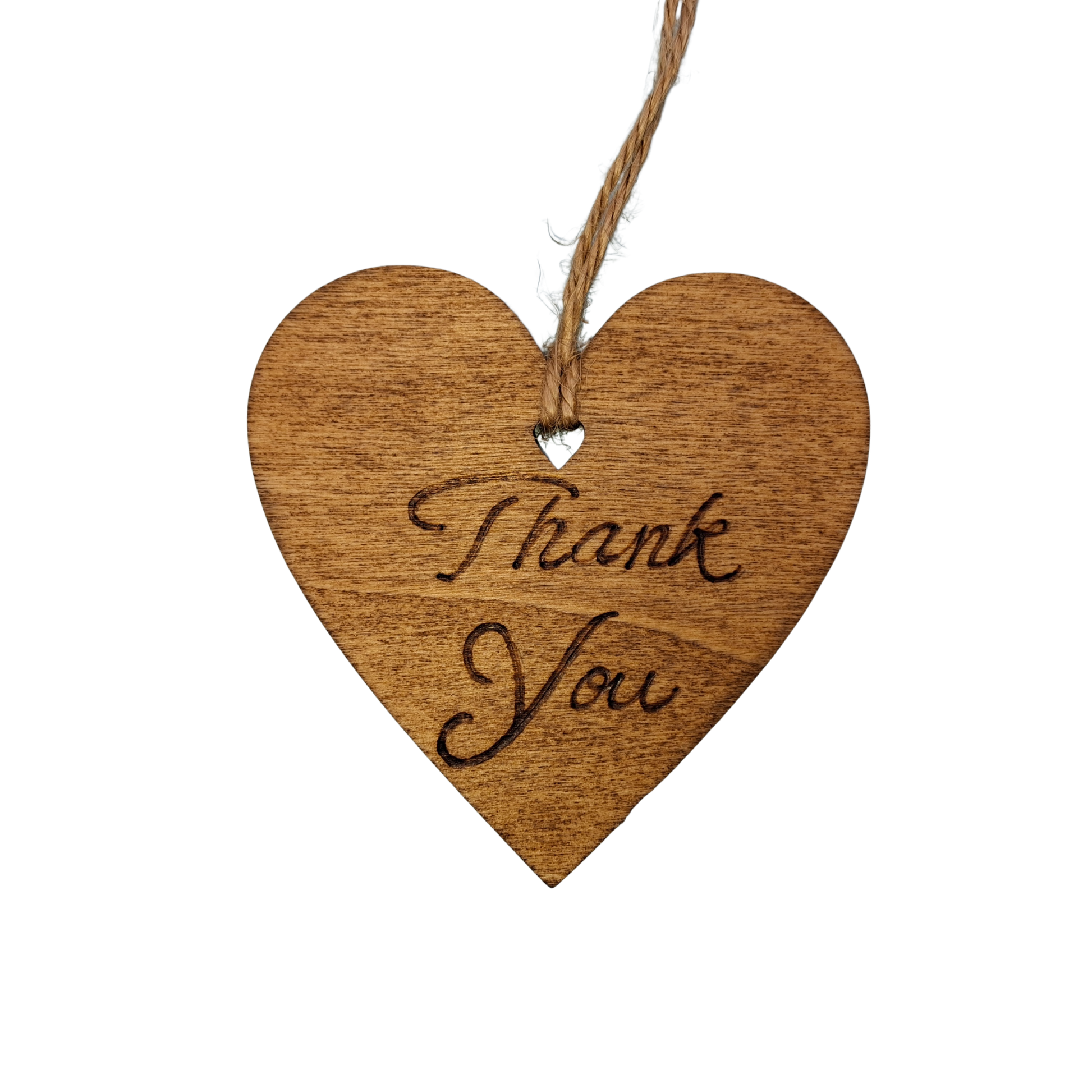Heart-shaped wooden ornament, hand-drawn with pyrography, featuring the engraved phrase "Thank You" in a decorative script.