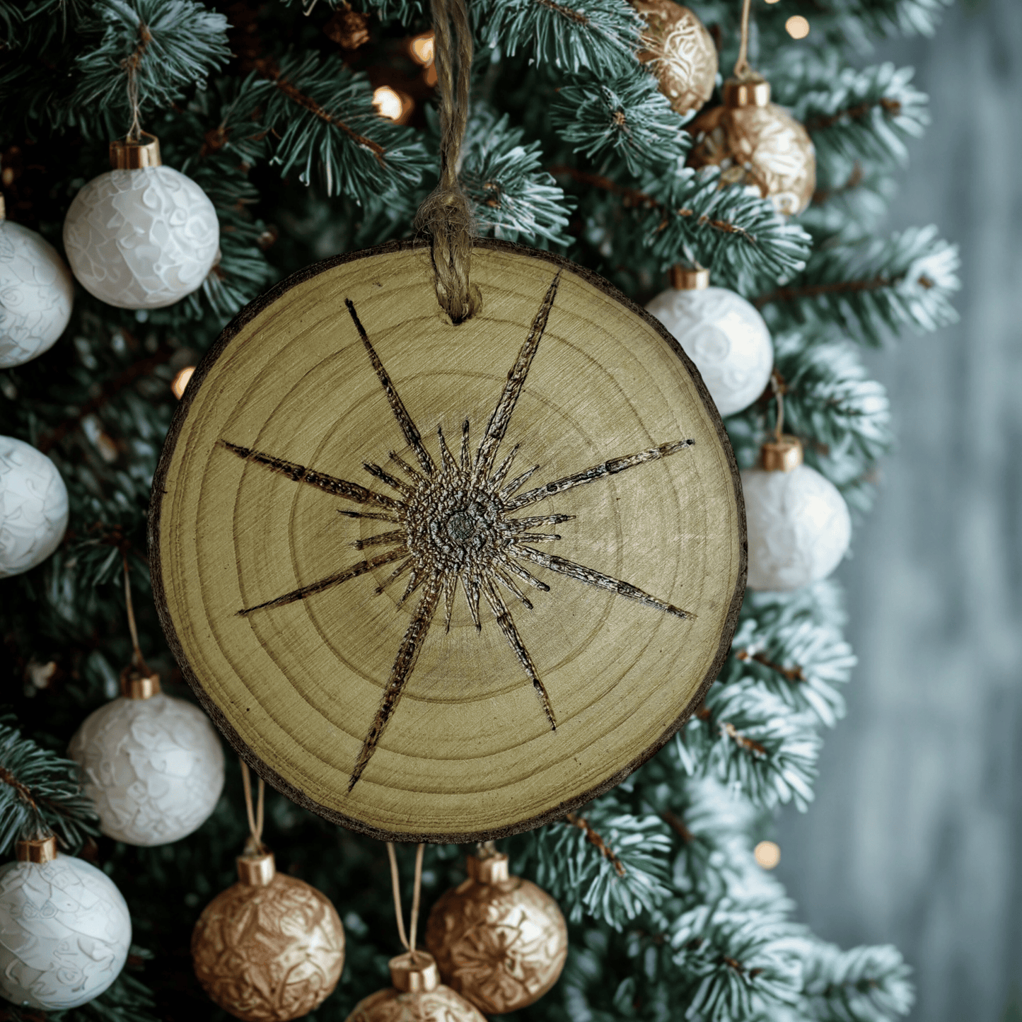 
A small Christmas ornament, a wooden log slice with a jute rope for hanging, is centered against a black background. The ornament is decorated with a detailed pyrography design of an eight-pointed star, with rays extending outwards.