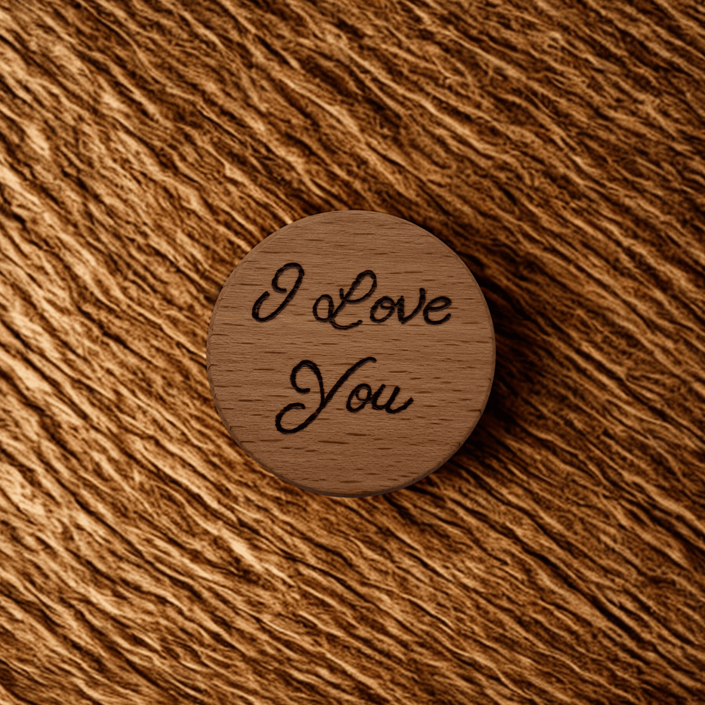 Wooden token with 'I Love You' engraving on a wooden surface