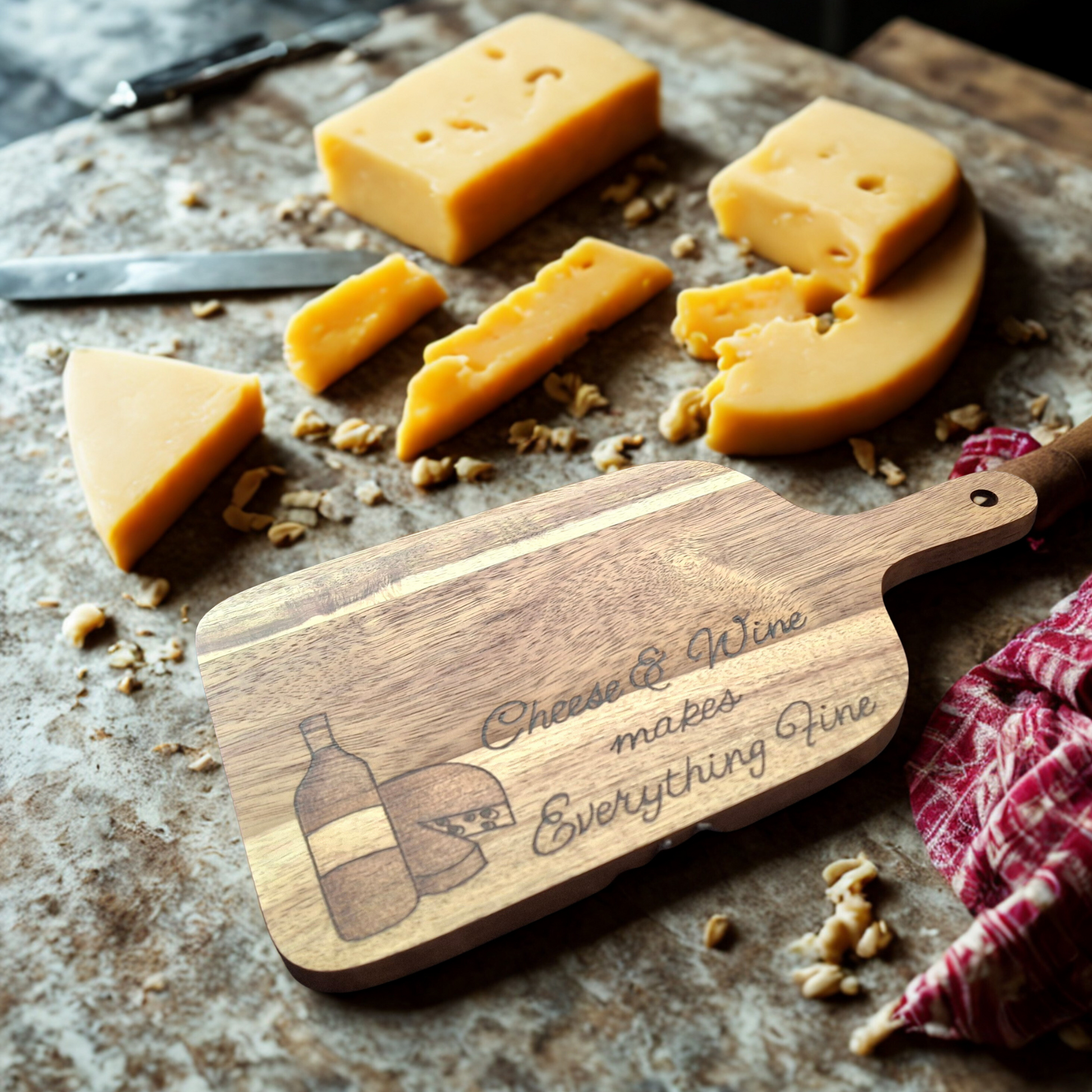 Wooden chopping board with "Cheese & Wine makes everything fine" with a drawing of a wine bottle and a wheel of cheese hand burnt into the wood