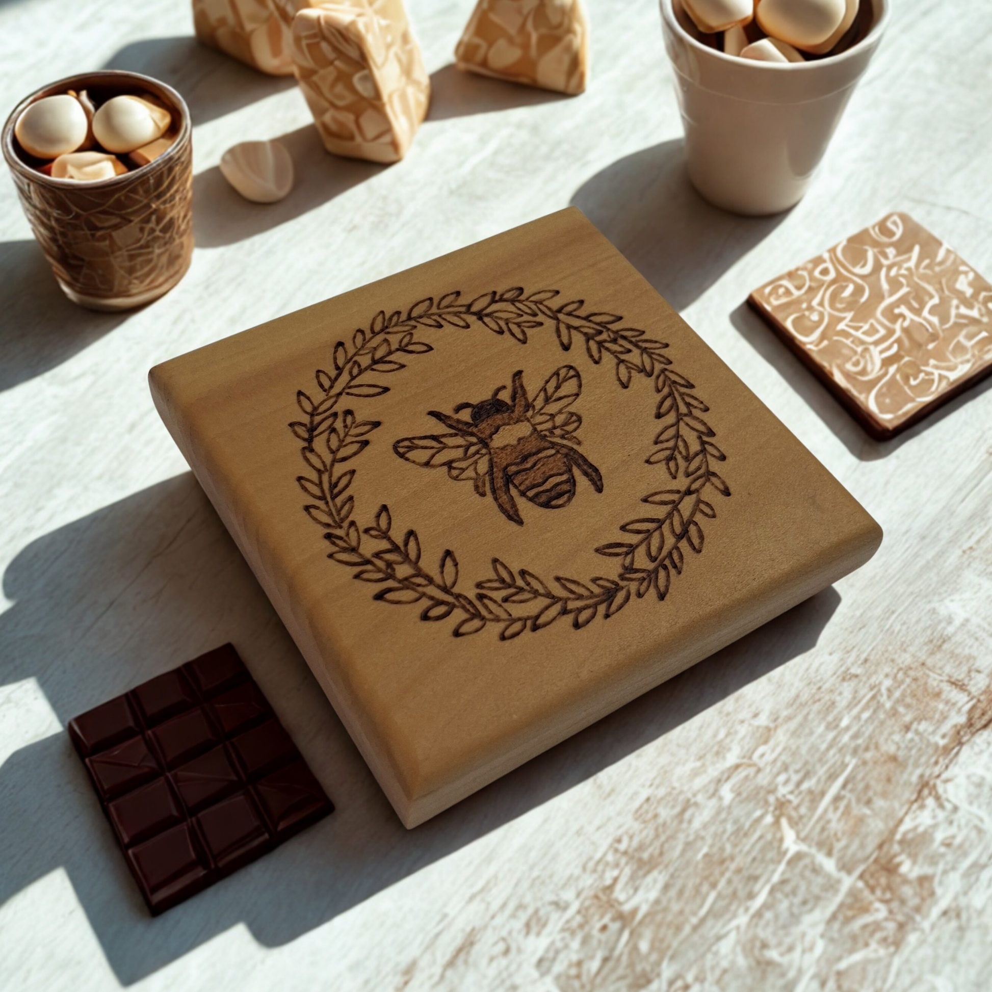 Wooden coaster with bee and wreath design hand burnt on a light surface with chocolate and cookies.