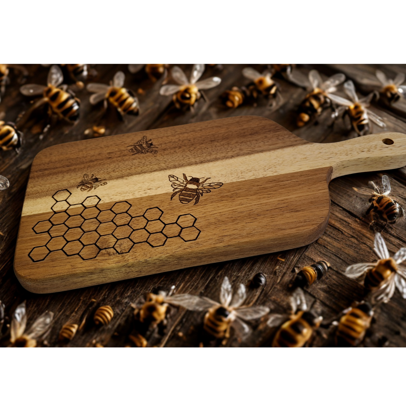 multi coloured chopping board with bees