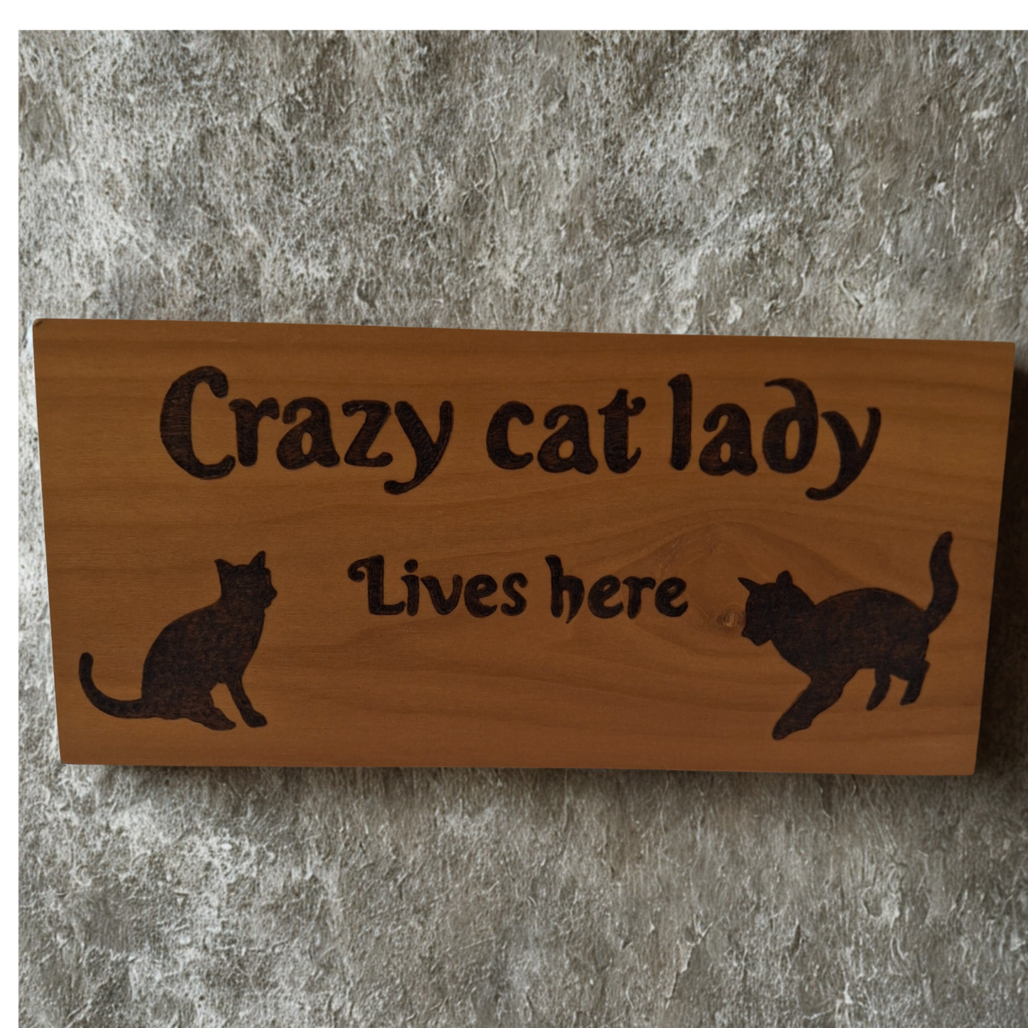 Light wooden plaque with "Crazy cat lady lives her" and 2 silhouettes of cats hand burnt into the wood