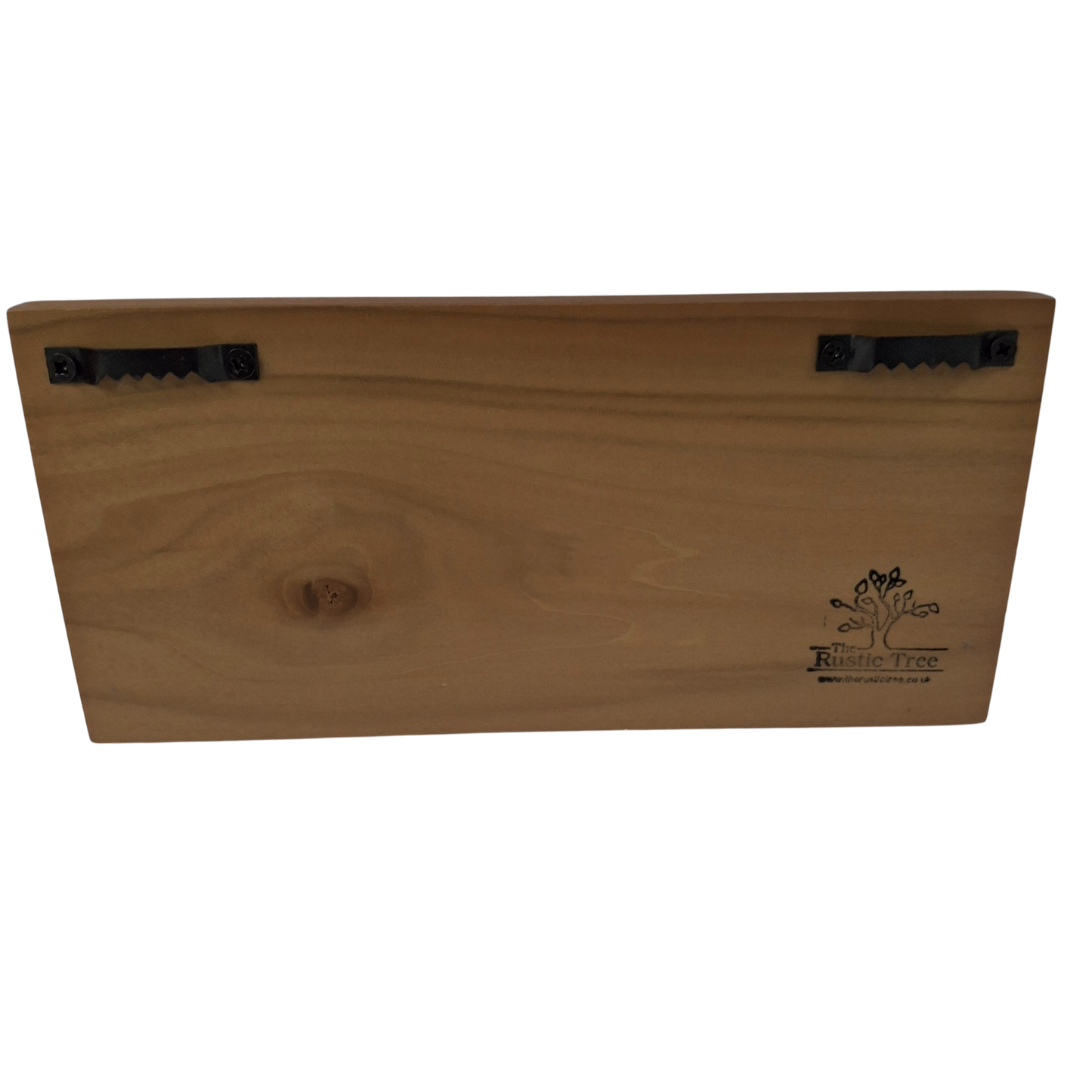 Rear of wooden plaque showing 2 sawhooks and The Rustic Tree logo