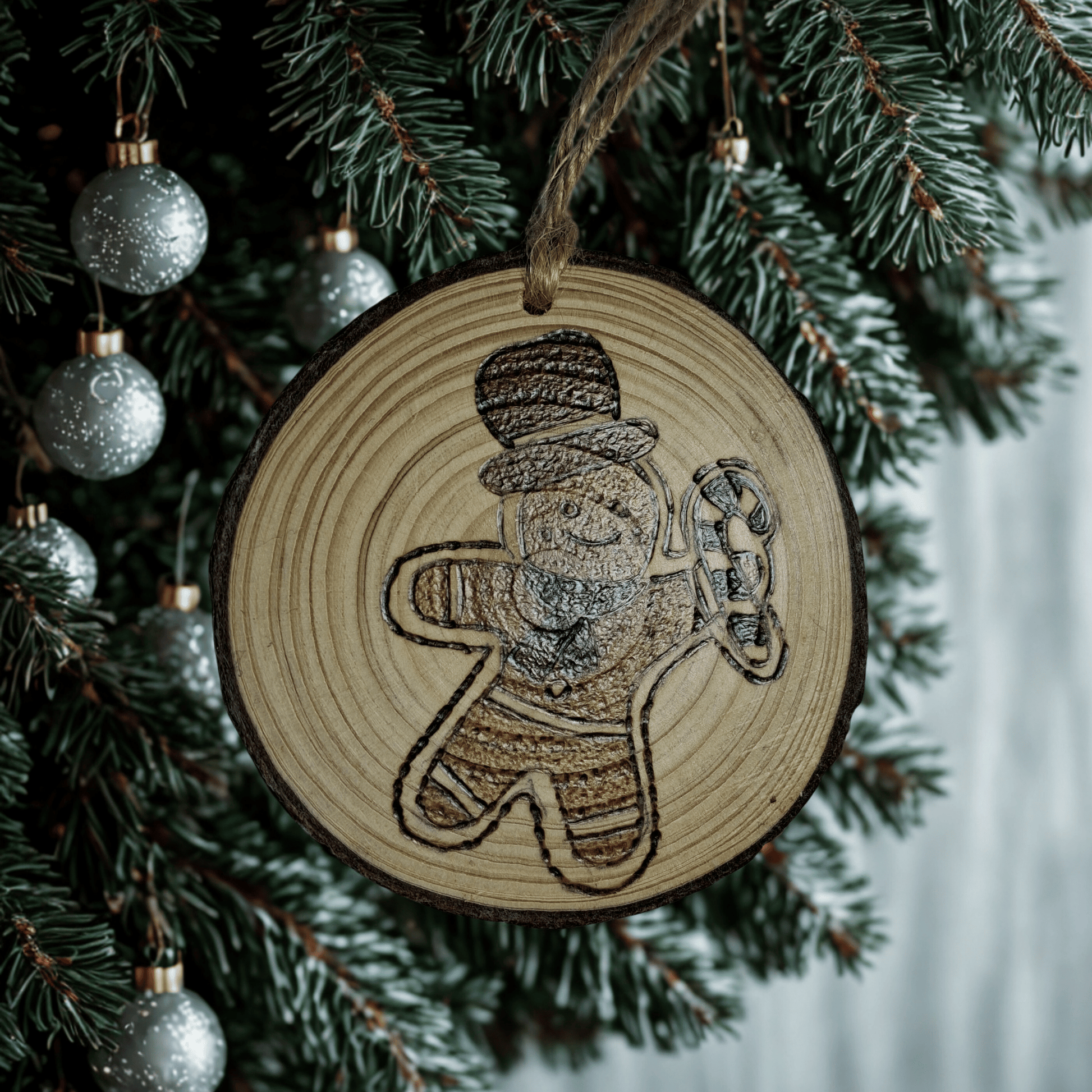 
A small, round Christmas ornament on a black background. The ornament is made from a wooden log slice and has a jute rope for hanging. The front of the ornament is decorated with a pyrography design of a gingerbread man wearing a top hat and holding a candy cane.