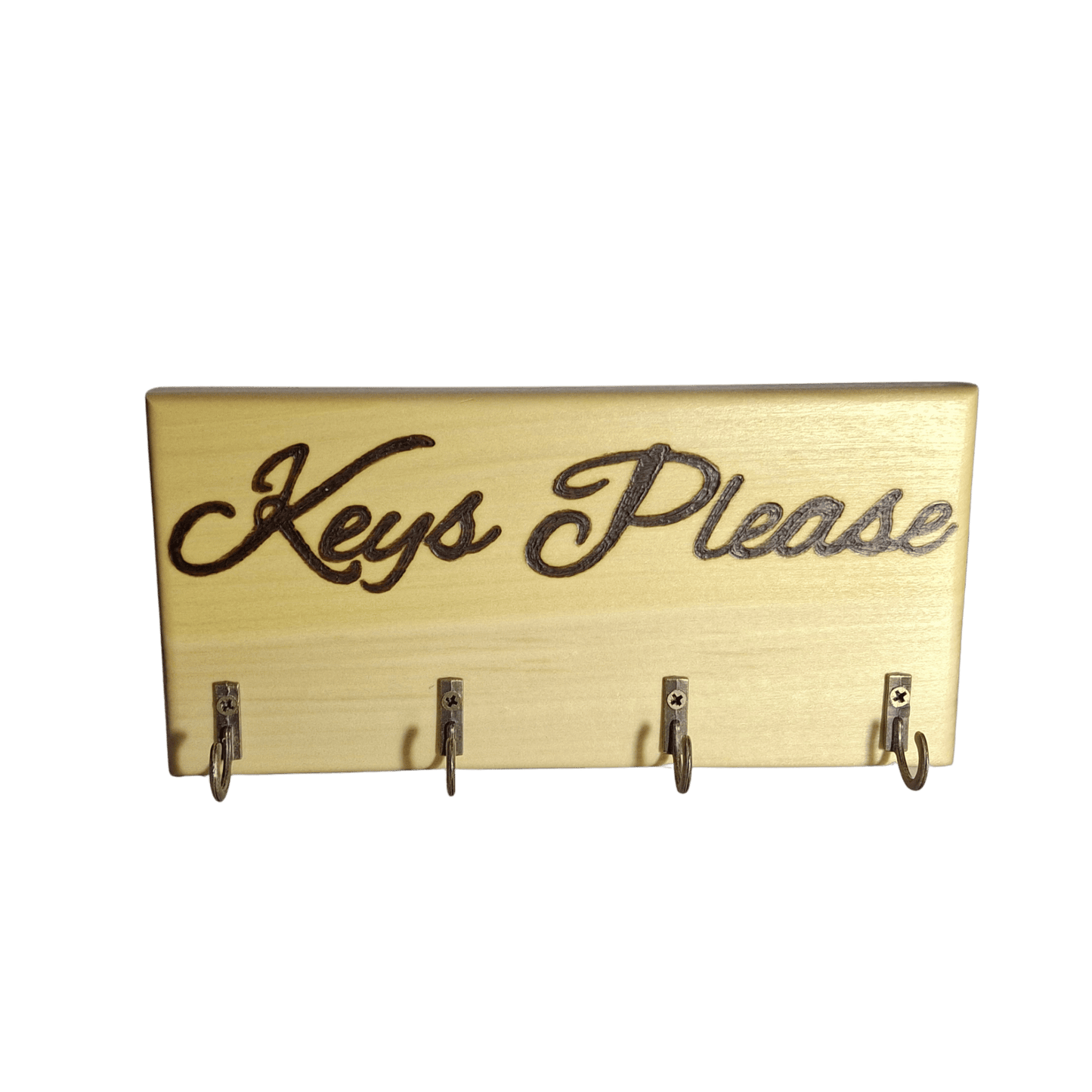 Tulipwood key hanger with 4 hooks and a handburnt inscription "keys please"
