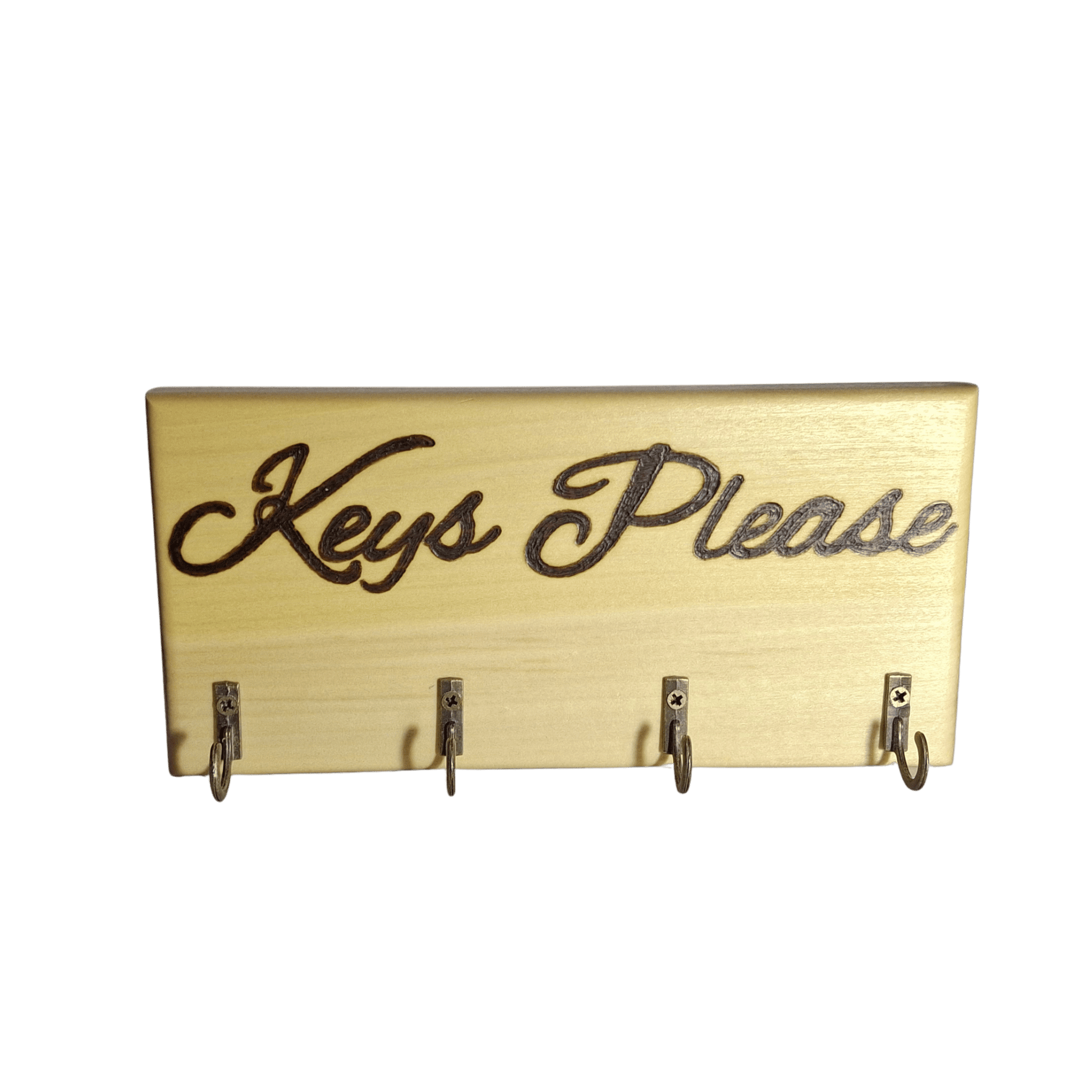 Tulipwood key hanger with 4 hooks and a handburnt inscription "keys please"