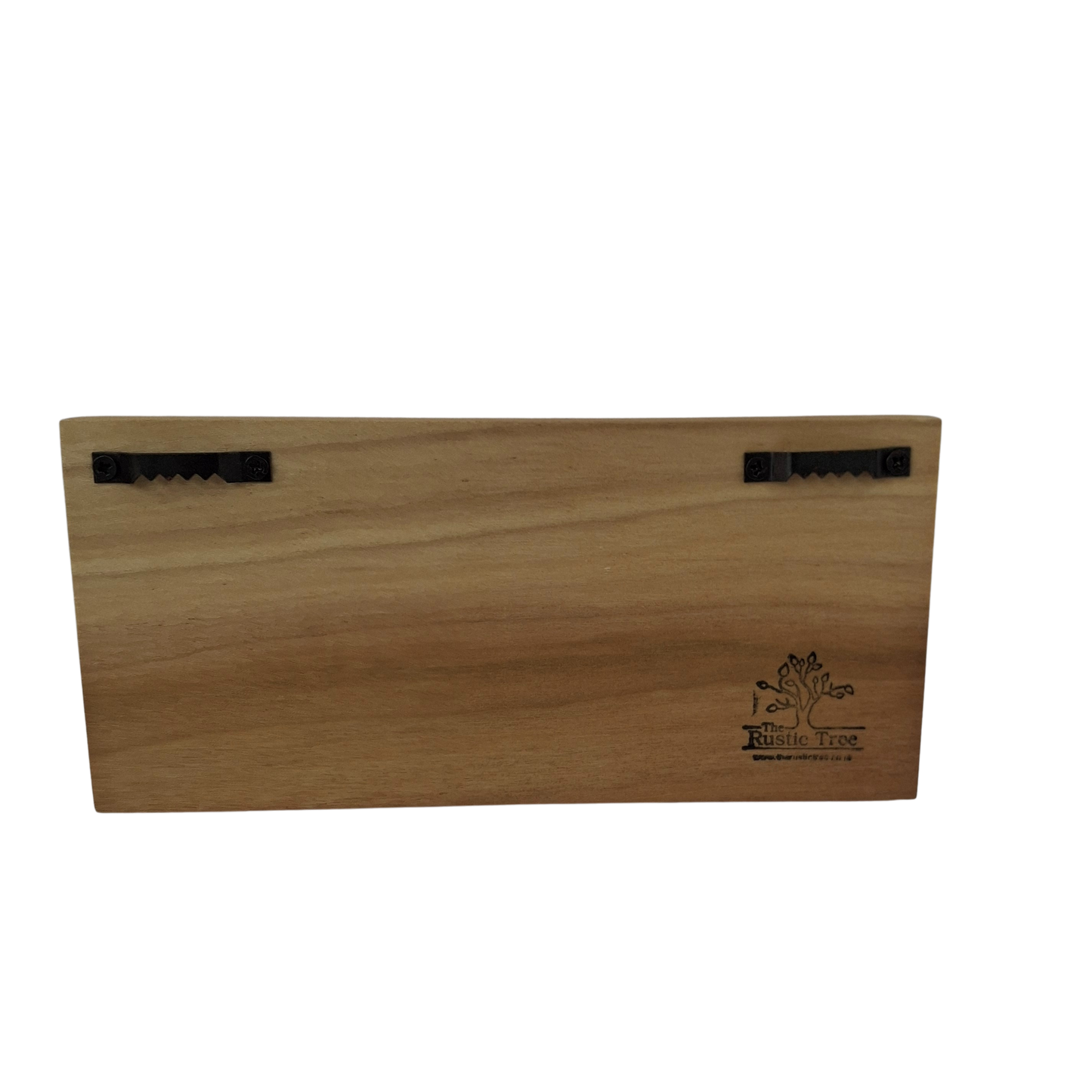 Rear of plaques showing 2 sawhooks and The Rustic Tree Loga