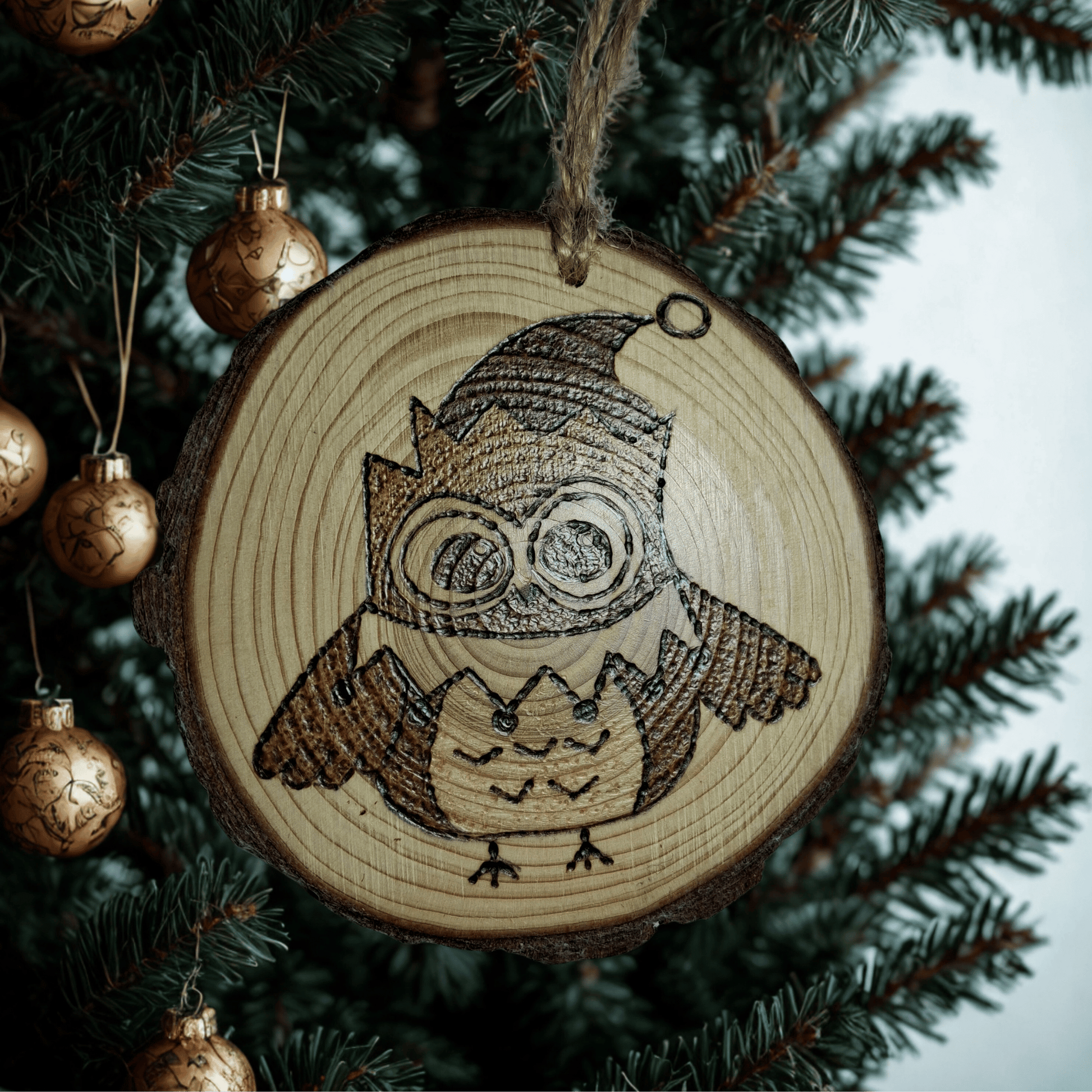 
A close-up of a Christmas ornament on a black background. The ornament is a round wooden log slice with a jute rope for hanging. The front of the ornament is decorated with a pyrography design of a cute owl with large eyes, wearing a pointed hat.