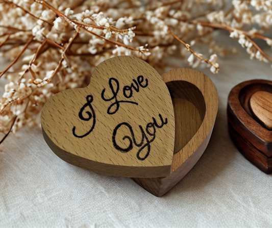 Hand-burnt heart-shaped ring box featuring "I Love You" on its swivel lid, perfect for a heartfelt gift