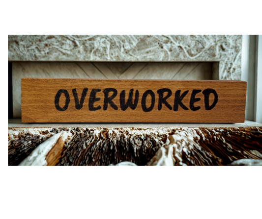A hand-burnt, freestanding wooden plaque with the word "Overworked" in a casual, handwritten style. The wood has visible grain and a rustic, natural finish.