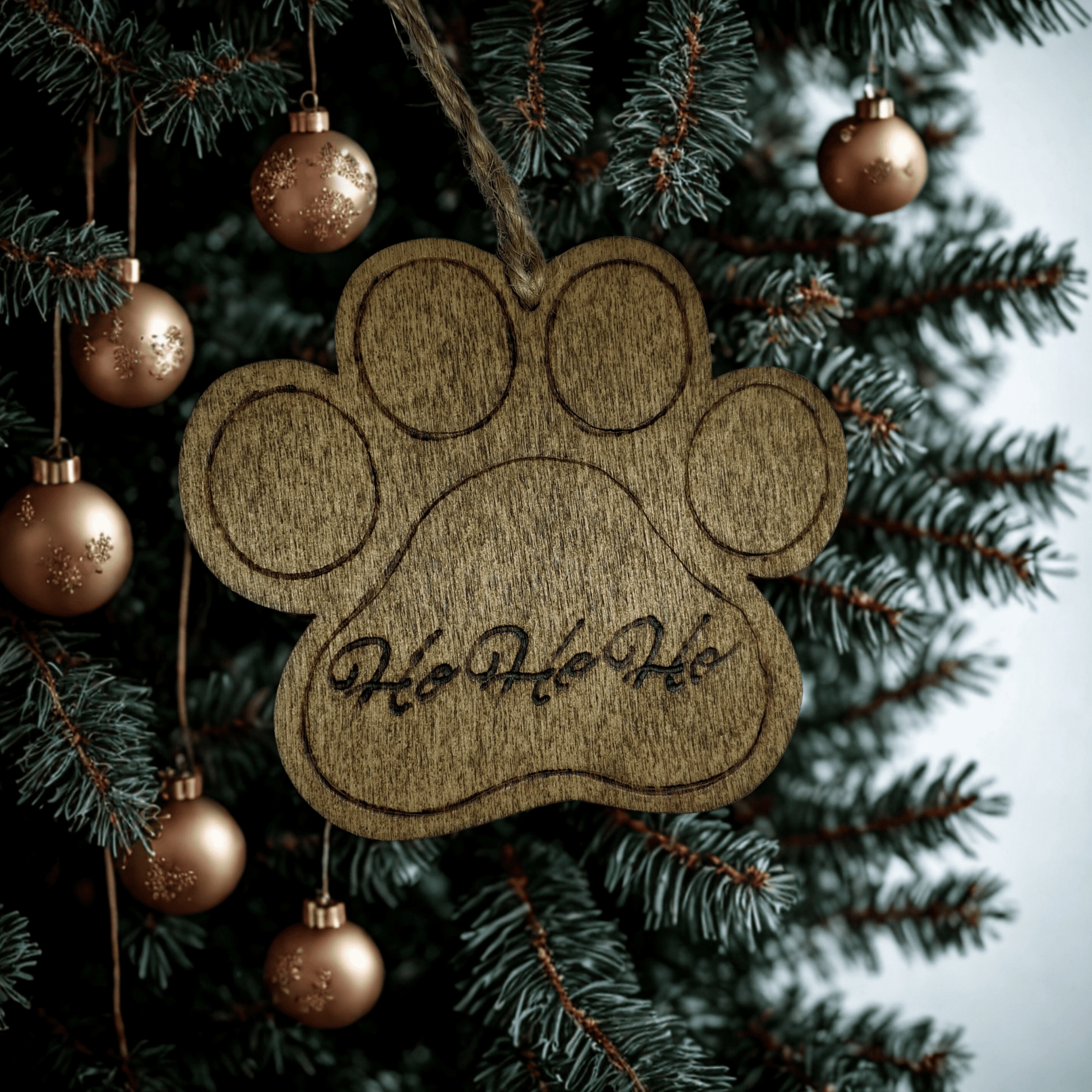 
A wooden Christmas ornament shaped like a dog's paw print. The wood is light brown with visible grain patterns. A twisted twine loop is threaded through a hole at the top for hanging. The words "Ho Ho Ho" are carved into the center of the paw. The background is solid black.