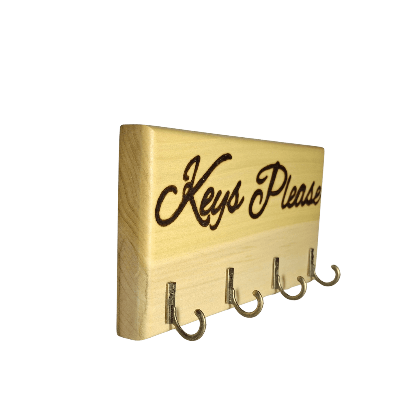 Tulipwood key hanger with 4 hooks and a handburnt inscription "keys please"