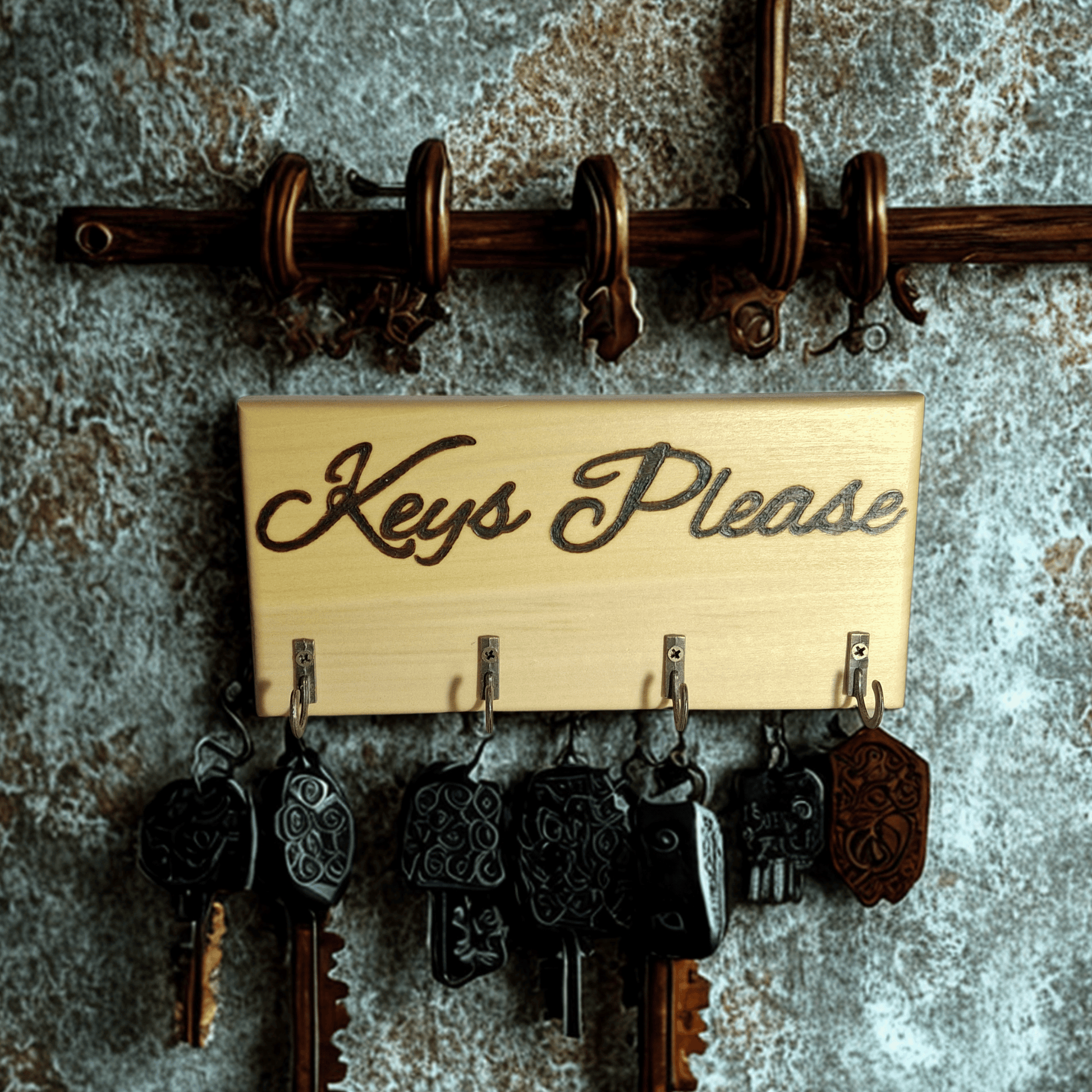 Tulipwood key hanger with 4 hooks and a handburnt inscription "keys please"