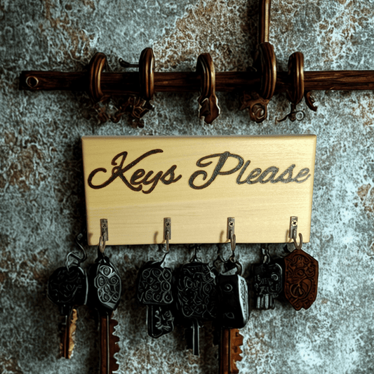 Tulipwood key hanger with 4 hooks and a handburnt inscription "keys please"