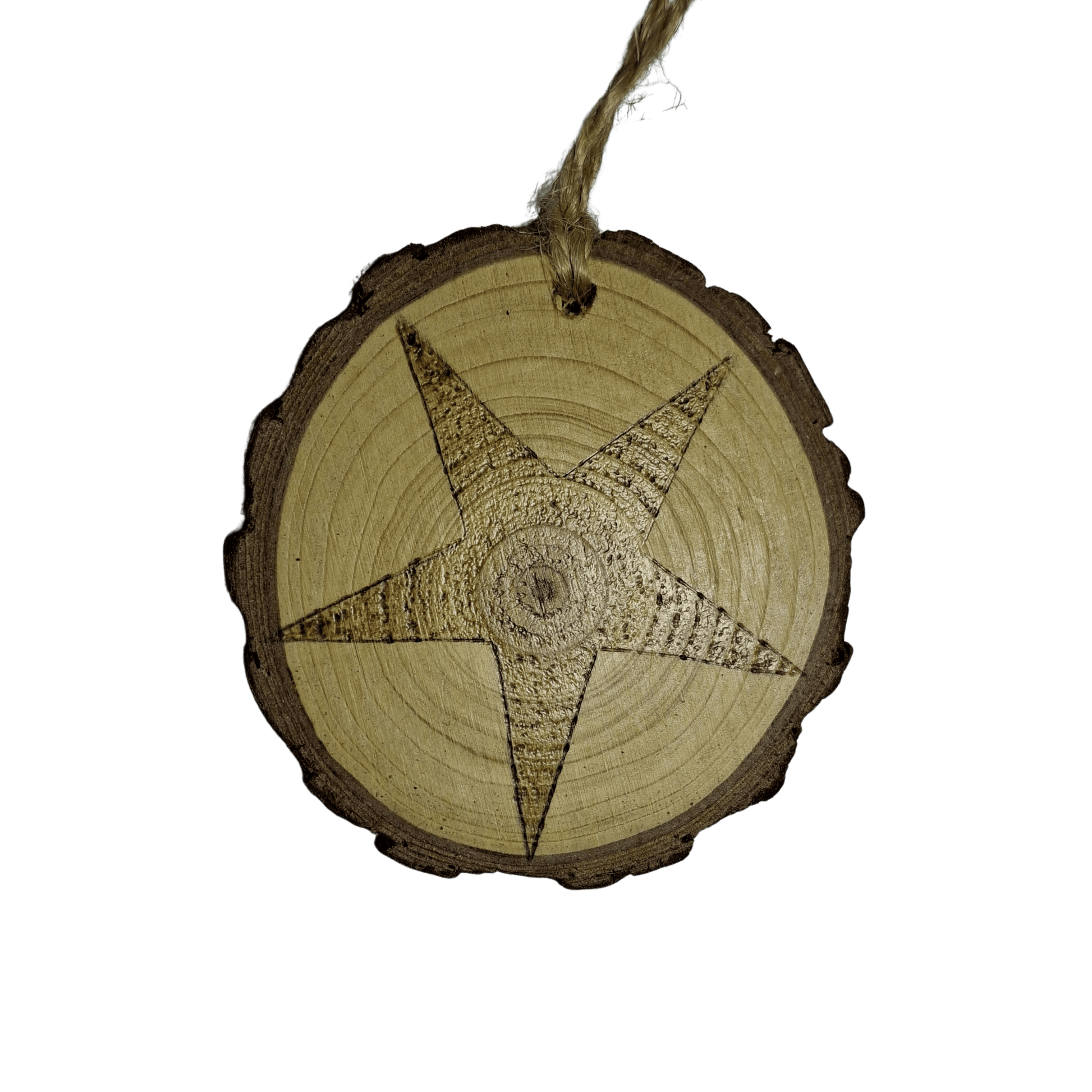 
A close-up of a Christmas ornament on a black background. The ornament is a round wooden log slice with a jute rope for hanging. The front of the log slice is decorated with a pyrography design of a five-pointed star.