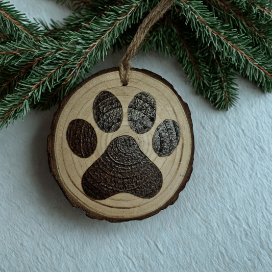 A Christmas ornament, a small, round wooden log slice with a jute rope for hanging, is centered against a black background. The ornament is decorated with a pyrography design of a detailed paw print.