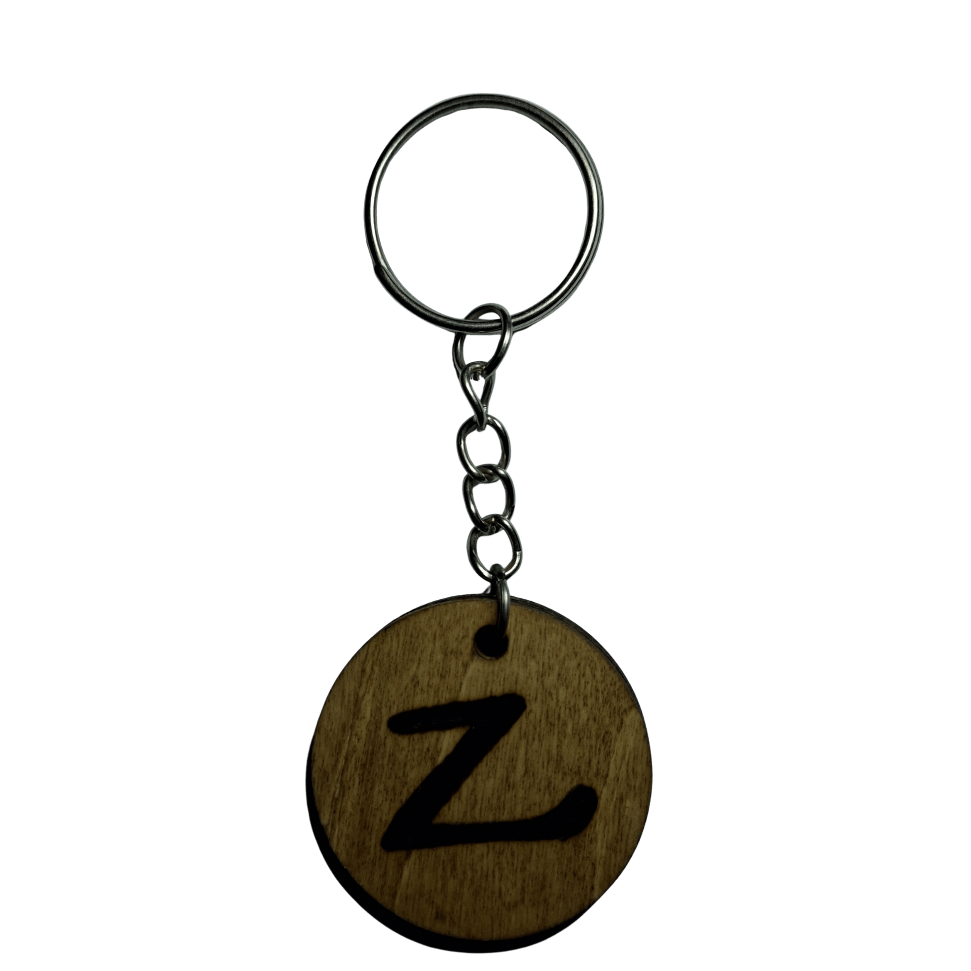 Round keyring made from veneered plywood. The letter Z is hand-burnt using pyrography, finished with a hardwax oil, and attached to a silver keychain.