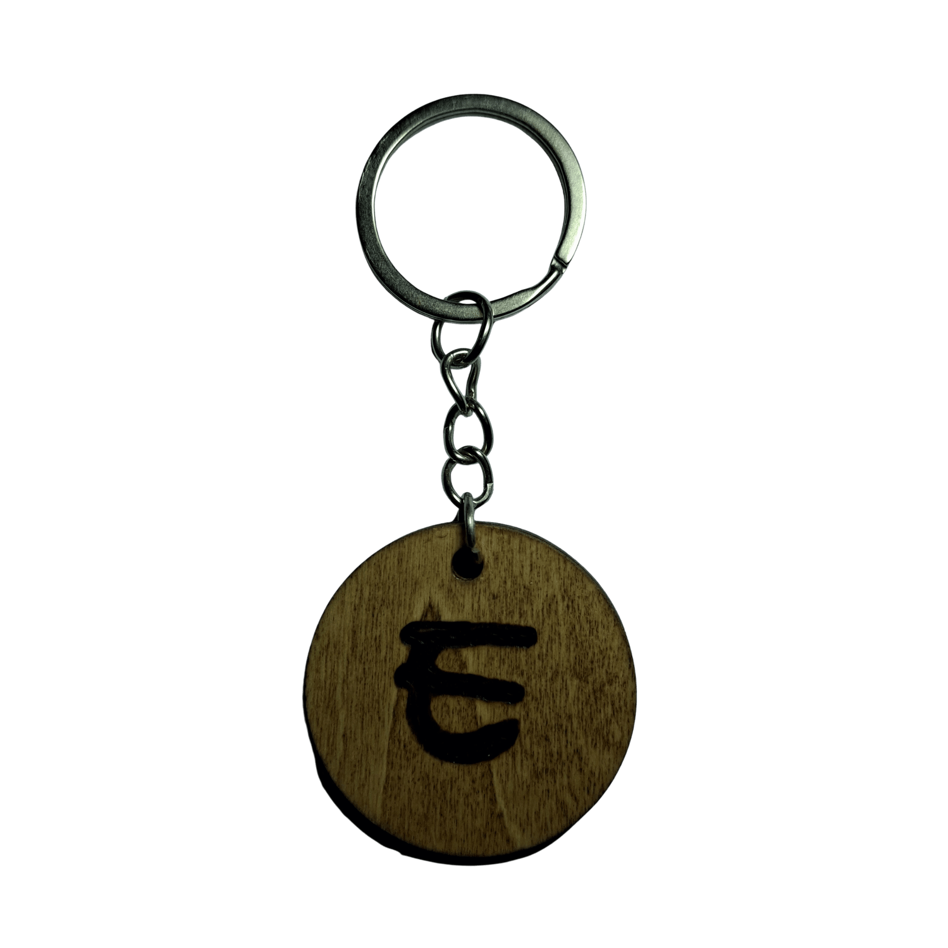 Round keyring made from veneered plywood. The letter E is hand-burnt using pyrography, finished with a hardwax oil, and attached to a silver keychain.