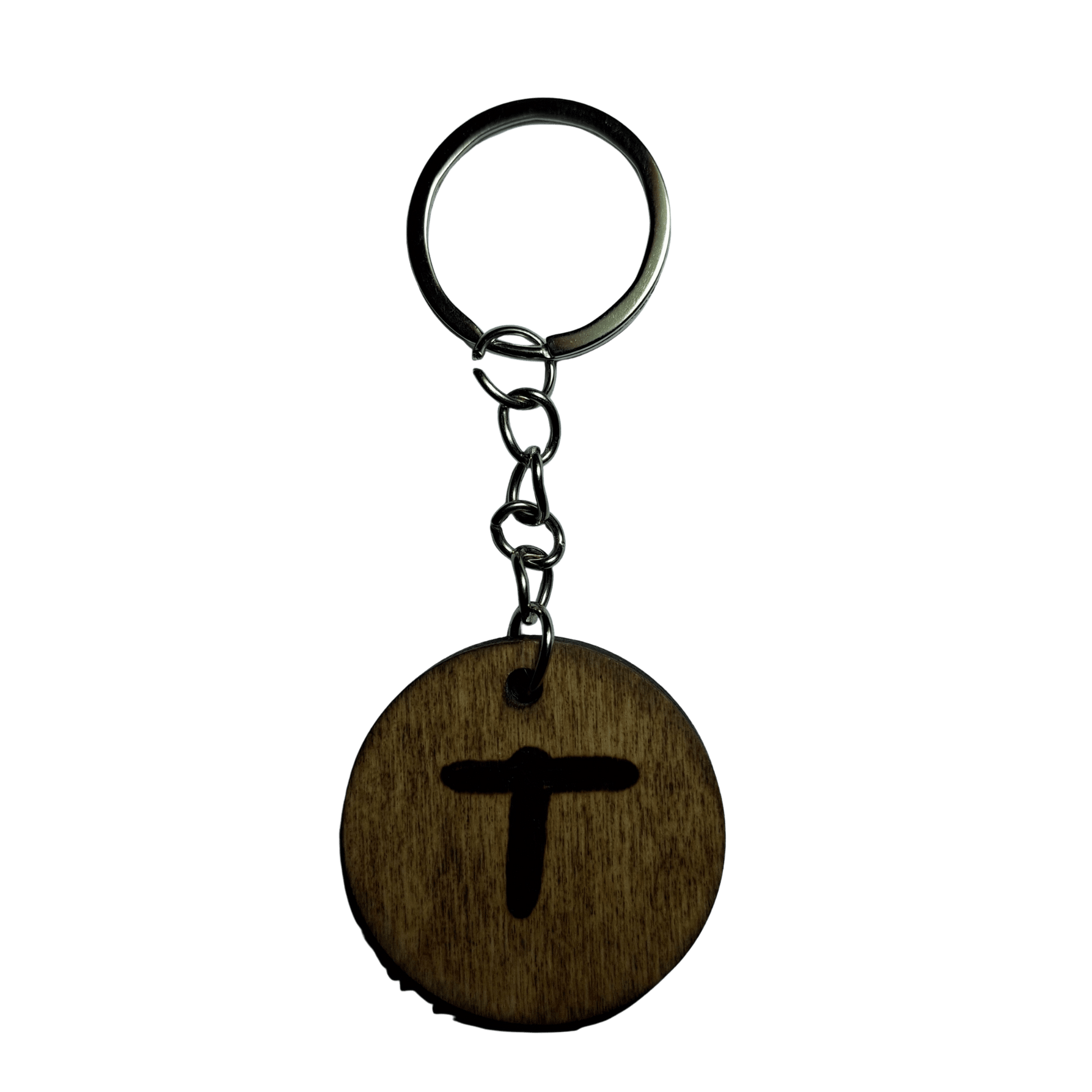 Round keyring made from veneered plywood. The letter T is hand-burnt using pyrography, finished with a hardwax oil, and attached to a silver keychain.