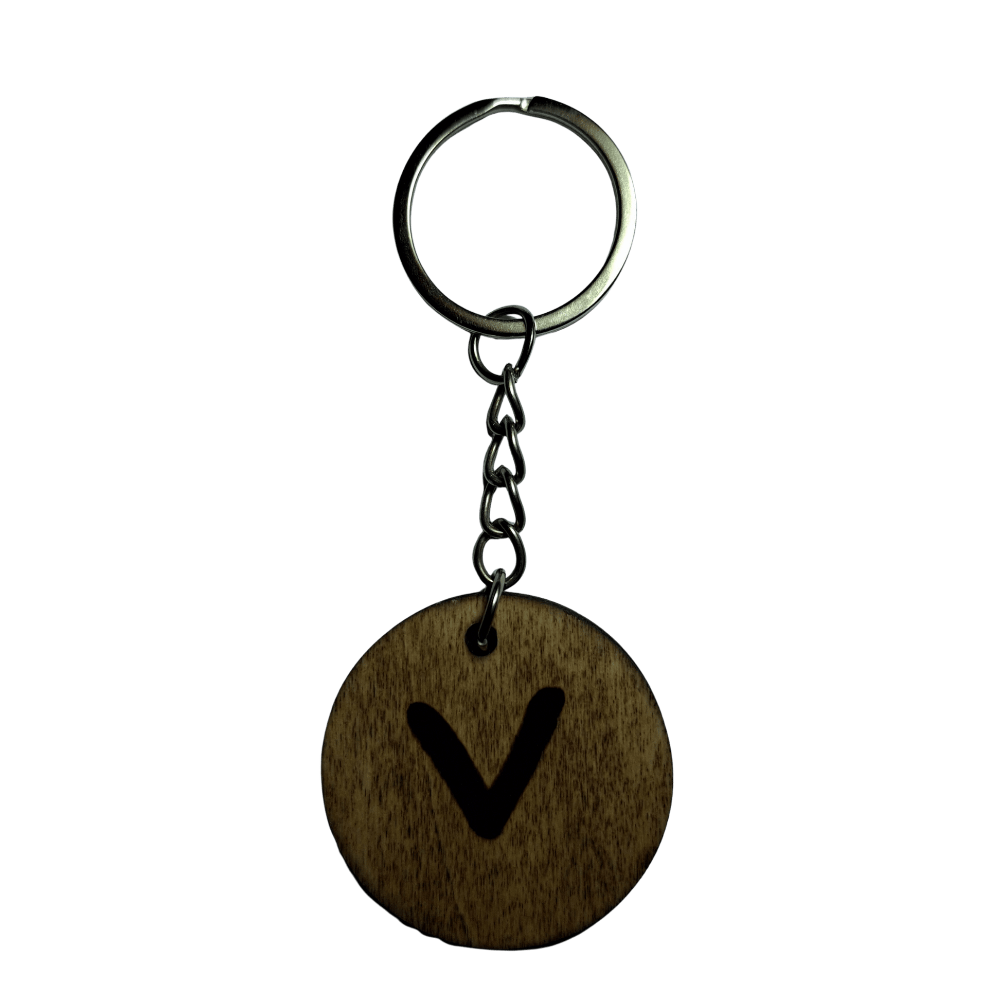 Round keyring made from veneered plywood. The letter V is hand-burnt using pyrography, finished with a hardwax oil, and attached to a silver keychain.