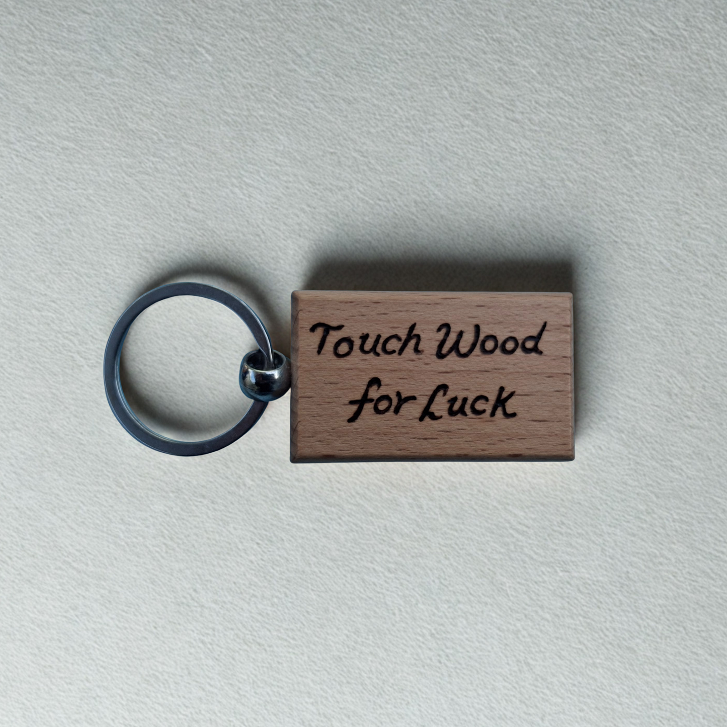 Rectangle keyring pyrography 'touch wood for luck' wooden keyring chrome split ring