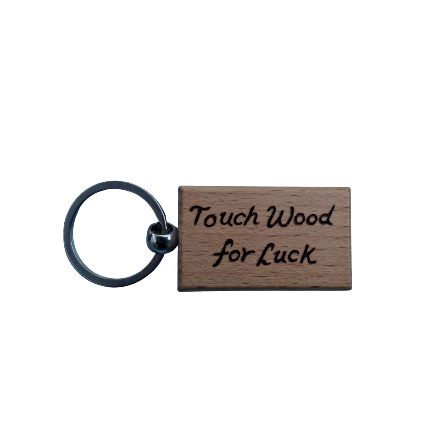 Rectangle keyring pyrography 'touch wood for luck' wooden keyring chrome split ring