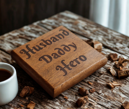 Sapele coaster with chamfered edges inscription "Husband Daddy Hero" burnt in