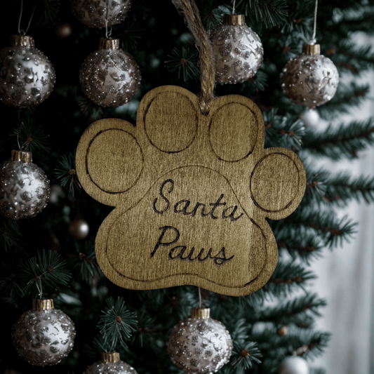 
A light brown wooden decoration in the shape of a dog's paw print. A piece of natural twine is threaded through a hole at the top for hanging. The words "Santa Paws" are carved in a cursive font into the center of the paw. The background is solid black.