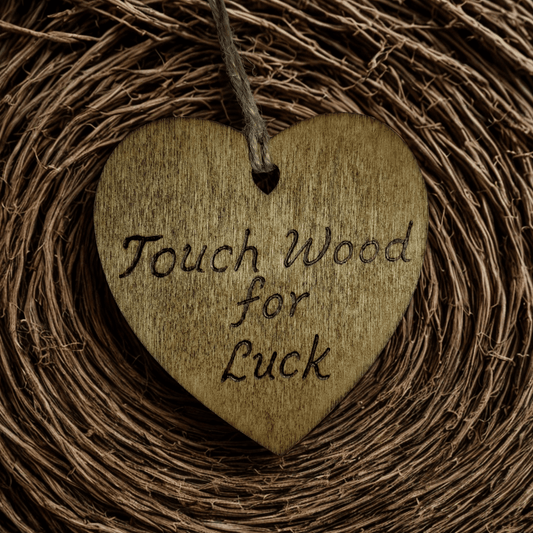 
A brown, wooden, heart-shaped plaque with a hole at the top for a string to hang it. The string is made of twisted twine. The words "Touch Wood for Luck" are burned into the surface in a handwritten font. The heart is lit from the front, making the wood grain visible. The background is solid black.