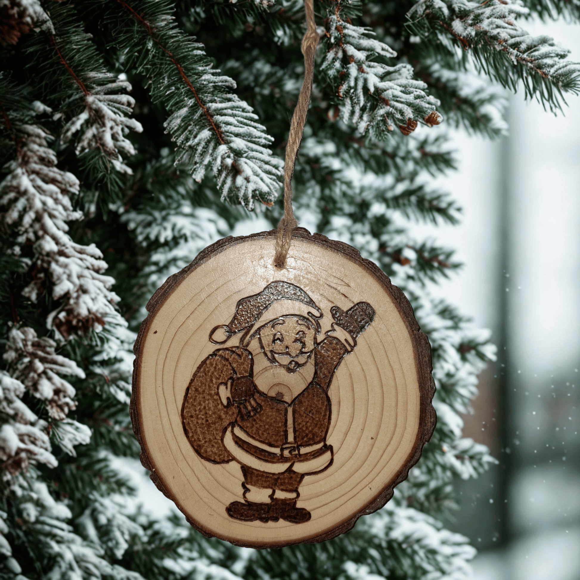 hanging log slice decoration with an image of Santa waving