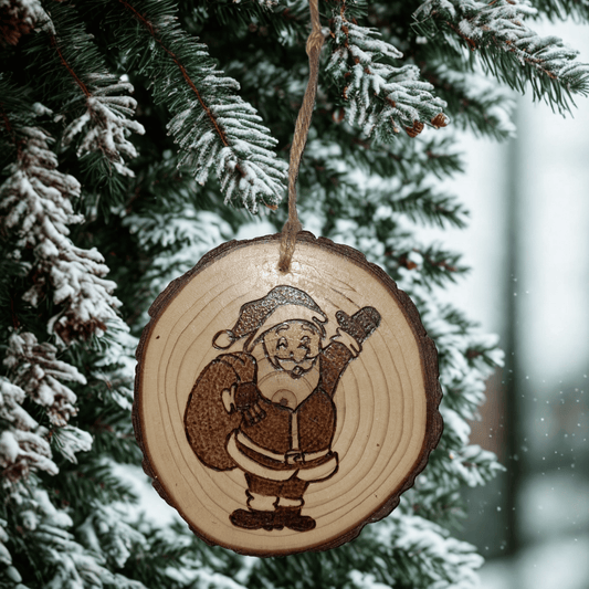 hanging log slice decoration with an image of Santa waving